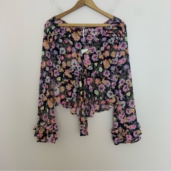NWT New Free People Floral Cropped Ruffle Maybel Tie-Front Blouse Top Size XS - Picture 4 of 8